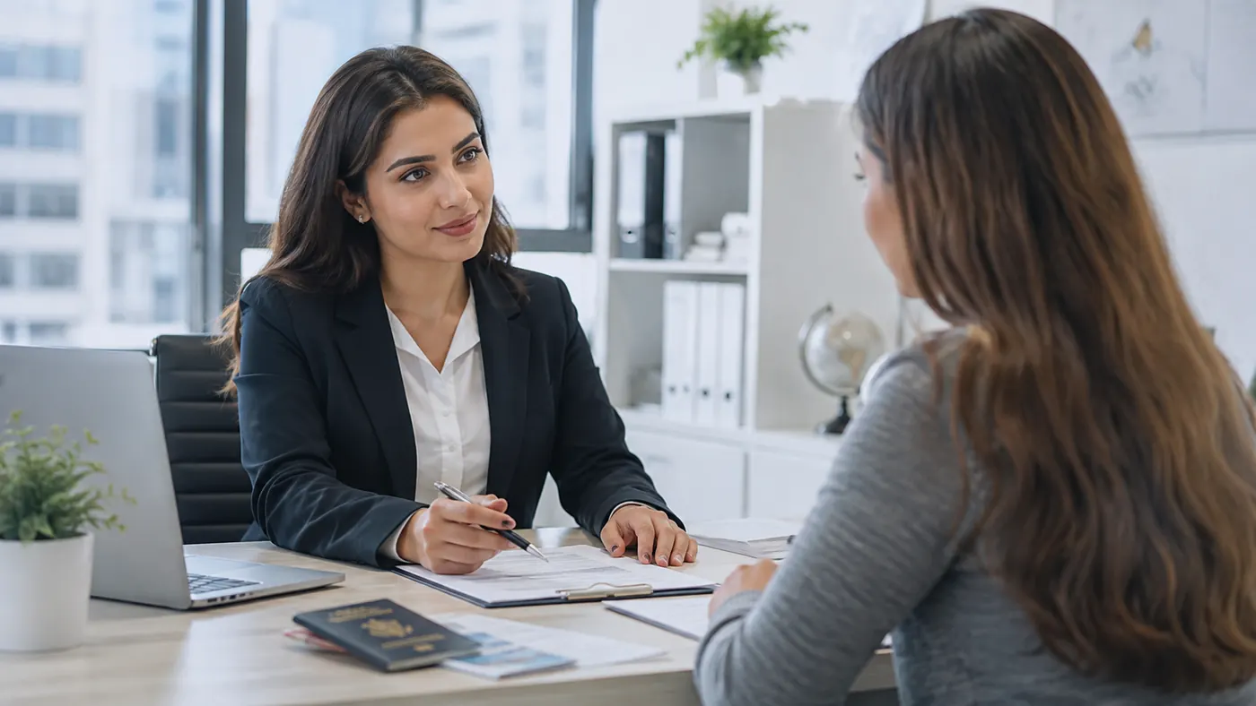 Visa consultant reviewing travel documents with a client